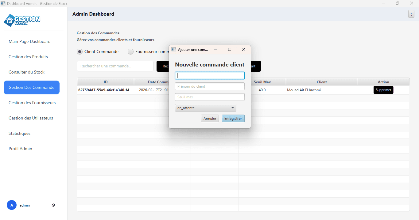 New client order dialog in the admin dashboard